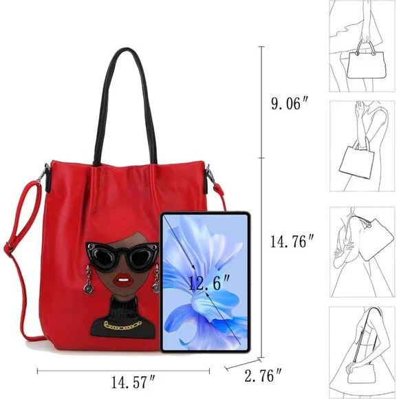 Women Novelty Lady Face Satchel Handbag Fashion Top Handle Tote Bag Red B